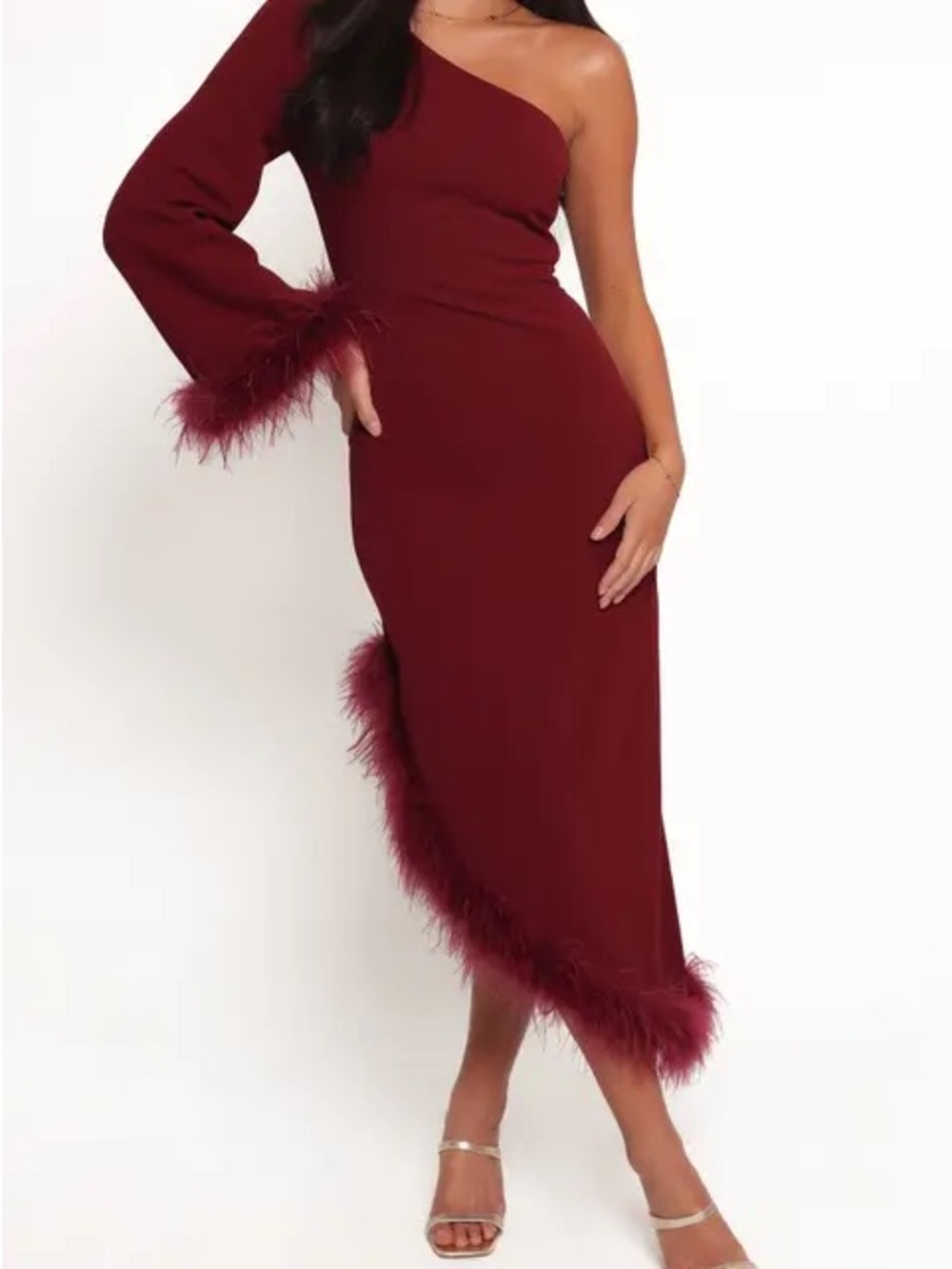 NWT Petal & Pup Dame Feather Trim One Shoulder Midi Dress Deep Wine XS